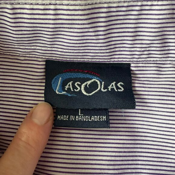 Las Olas Purple Striped Button-Up Shirt With Embroidered Red Hat Lady Design - Picture 6 of 9